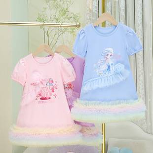 2025 new girls T-shirt skirt spring and summer Korean children dress baby girl short sleeve mesh dress