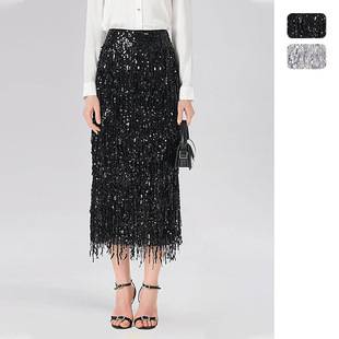 Independent Site Amazon Tassel Sequin Skirt European and American Women's Fashion Solid Color Long Skirt with Slit Fashionable Pencil Skirt 8220