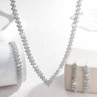 Cross-Border Dazzling Necklace for Women, New Style Diamond-Encrusted Earrings, Three-Piece Set, Bridal Jewelry, Necklace Set, Fashionable and Simple Accessories