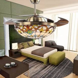 Tiffany invisible ceiling fan lamp living room dining room fan chandelier Mediterranean wood leaf bedroom fan lamp vintage ceiling fan