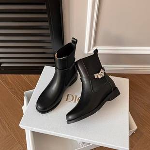 in stock 2025 Autumn and Winter New Inner Heightening Thick Heel Martins Boots Women's Belt Buckle Black Round Head Buckle Chelsea Short