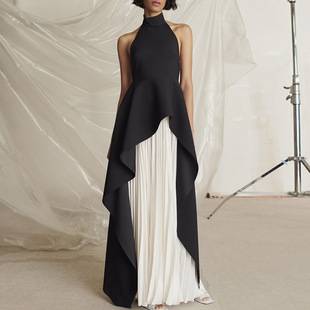 French style halter evening dress for ladies light luxury black and white contrast color long pleated dress suit black engagement toast dress