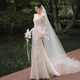 Bridal Light Wedding Dress, High-End Lace, French Retro Long Sleeves, Beautiful Welcoming Gauze, Wedding Banquet, Fishtail Evening Dress