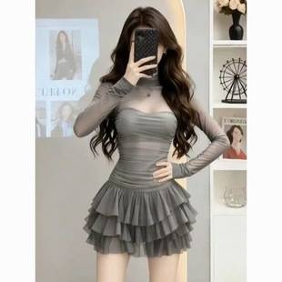 Light Luxury Style Mesh Patchwork Long-Sleeved High-Neck Cake Dress for Women, High-End French-Style Banquet Dress