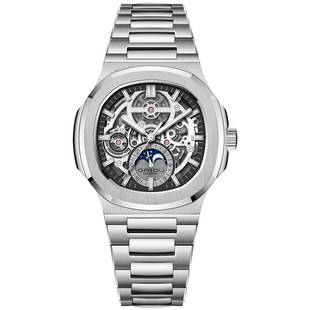 Kaidu men's business hollow quartz watch fully automatic stainless steel waterproof wristwatch luminous moon phase elegant genuine watch