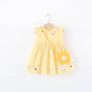 Children's clothing, girls' dress, summer baby girl cartoon embroidered plaid dress with flutter sleeves, single-layer cotton dress