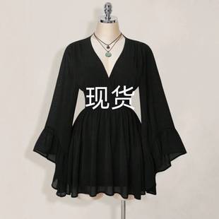 2026 European and American New Style V-Waist Dress with Flared Sleeves, Short Fashion Mesh Sexy Long-Sleeve Solid Color Dress