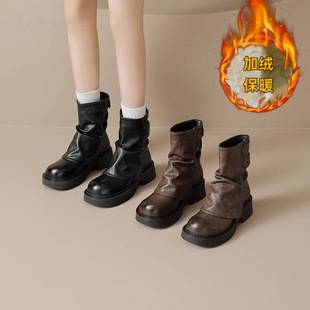 Vintage Melard Martin Boots for Women 2025 Style, Pleated Cuff Thick-Soled Short Boots, British Style Slimming Single Boots