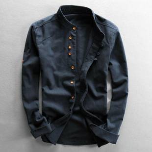 2025 New Autumn and Winter Clothing Men's Casual Linen Shirt Chinese Style Stand Collar Independent Wish Cotton and Linen Shirt