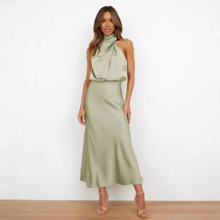 2023 Spring and Summer Hot Sale New Sexy Satin Sleeveless Dress European and American Socialite Light Evening Dress Q320