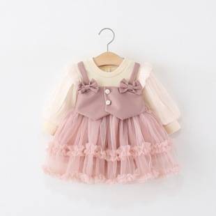 Children's Clothing Girls' Dresses Spring and Autum Baby Girls Pu Leather Fake Two-Piece Fluffy Gauze Princess Skirt Fashionable