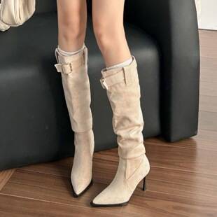 Gentle and elegant pointed-toe stiletto high-heeled long boots, 2026 western travel stacked boots with belt buckle, slim high-heeled boots