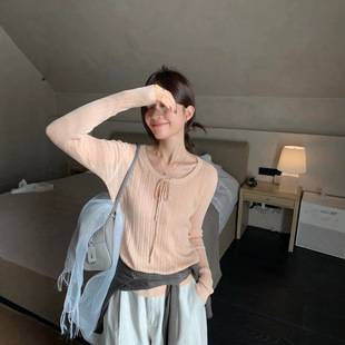 2026 Autumn/Winter, early autumn collection, Korean-style, elegant ribbed knit long-sleeve top with tie detail, versatile women's top, 2293