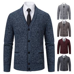Cross-Border Men's Winter New Knitwear Fleece-Lined Thickeneded Long-Sleeved Fashion V Neck Cardigan Jacket Wholesale for Men