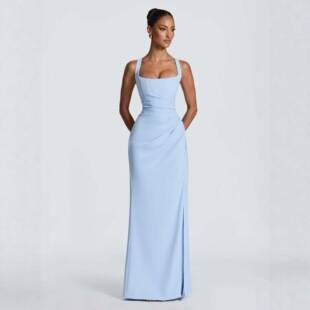 New foreign trade European and American women's dress, elegant solid color square neck, side pleated, high slit, tie strap, slim-fit formal dress