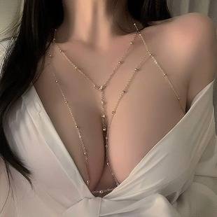 Pure Desire Style Chest Chain Body Chain Sexy Hot Girl Titanium Steel Necklace for Women Non-Fading Sparkling Diamond Pendant Accessories Erotic Jewelry