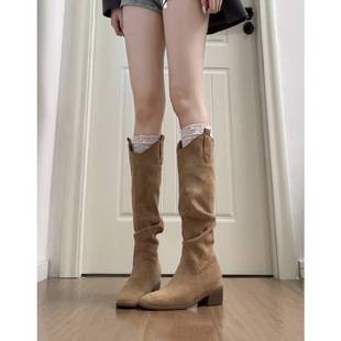 Fashionable version~ Petite women's suede pleated stacked boots 2026 autumn and winter new vintage chunky heel long riding boots