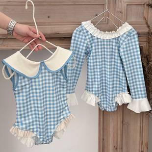 Children's Swimsuit 2026 Summer New Style Girls' Long-Sleeved Sun Protection One-Piece Swimsuit Baby Doll Collar Plaid Suit