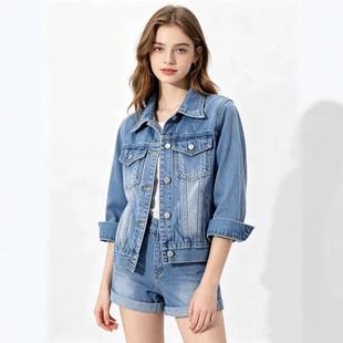 European and American Style Spring and Autumn Korean Version Slim-Fit Mid-Sleeve Denim Jacket for Women, Short Seven-Quarter Sleeve Jacket, Shawl-Style Top