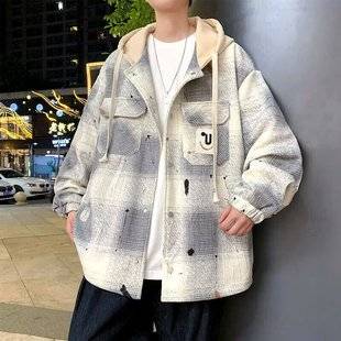 Spring and Autumn 2025 New Plaid Jacket Men's Loose Hooded Casual Tops Youth Student Trendy Top