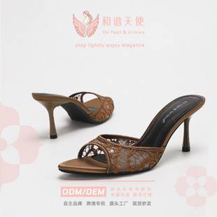 Cross-Border Elegant Versatile High-Heeled Sandals Summer Fashion Embroidered Floral Mesh Stiletto Open-Toe Sandals Custom Logo