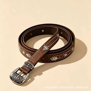 Vintage punk-style studded belt with a distressed finish, suitable for pairing with jeans, women's western cowboy style, versatile and slimming leather belt