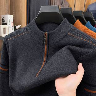 Foreign Trade Wholesale Winter Men's Half Turtleneck Zipper Thickeneded Warm Sweater Middle-Aged Dad's Bottoming Knitted Sweater