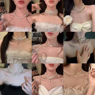 Sparkling Diamond Butterfly Pearl Necklace for Women, Ins Niche Retro Sweet Cool Spicy Girl Light Luxury Clavicle Chain New Accessory Wholesale