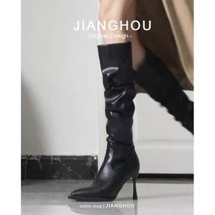 738-2 European and American Autumn and Winter New Style Stiletto Pointed Toe Long Leather Boots Pile Boots Mid-High Wrinkled Boots Women's Boots