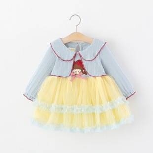 Children's clothing, girls' long-sleeved dress, spring and autumn, infant girls' cartoon faux two-piece fluffy tulle princess dress