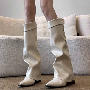 Sheepskin Version~Chanel-Style Pointed Toe Wedge Heel Long Boots for Women 2026 Retro Knee-High Riding Boots