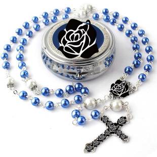 Cross-Border Royal Blue Pearl Long Necklace with Handmade Cross Pendant, Boxed Party Gift for Men and Women, Sweater Chain Wholesale