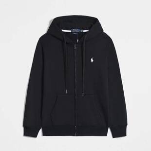 Autumn and winter fleece-lined men's hooded sweatshirt with pony embroidery, solid color, loose fit, large size, men's Polo jacket