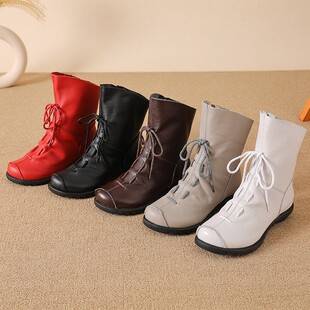 Women's first-layer cowhide short boots for autumn and winter, soft-soled, non-slip, ethnic style, genuine leather, fleece-lined, flat-soled boots