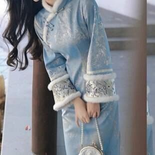 Blue Ladylike Style 2026 Winter New Model Fleece-Lined Warm Plush Collar Qipao New Chinese Style Inverted Large Sleeve Dress