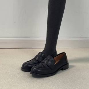 In Stock ~ Genuine Leather Retro Black Small Leather Shoes for Work Clothing Round-Toe Flats Shoes for Women Lazy One-Legged Preppy Loafers