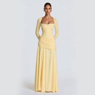 Amazon Independent Store 2026 European and American Style Autumn/Winter New Long-Sleeve Fashion Square Neck Pleated Solid Color Slim Dress