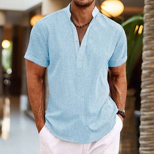 Cross-Border Supply Amazon Thin Men's Summer Simple Solid Color Short-Sleeved Shirt Youth Pullover Cotton and Linen Stand-Up Collar Shirt