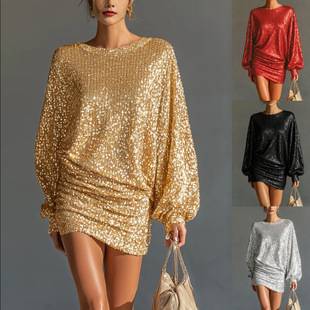 European and American cross-border foreign trade fashion glitter sequin evening dress with lantern sleeves, loose-fitting short long-sleeve dress