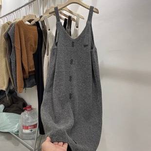 Grey Knitted Suspender Skirt dress Women's Autumn and Winter 2024 New Arrival Skirt Loose Mid-Length Sweater Suspender Skirt