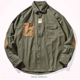 New Retro American Casual Work Shirt Men's Cardigan Jacket Contrasting Patch Trendy Brand Handsome Long-Sleeved Shirt