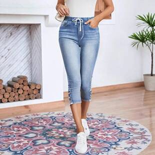 Cross-Border Exclusive Supply for Amazon Independent Sites: European and American Women's Fashion Jeans, Elastic Waist Drawstring Stretch Jeans, Cropped Pants