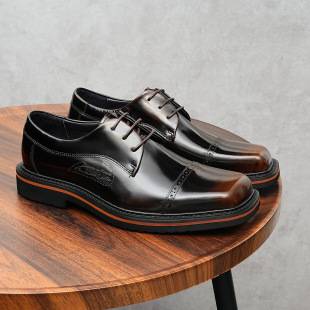 Men's Square-Toe Leather Shoes, Large Size Three-Joint Business Shoes, Men's Casual Lace-Up Cowhide Leather Glossy Derby Men's Shoes