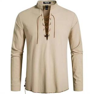 High-Quality Men's Cross-Border Shirt Henry Long-Sleeved Casual Beach Men's European and American Stand-Up Collar Hippie Shirt