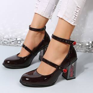 Cross-Border Plus-Size Rose-Colored Chunky High-Heeled Shoes, French-Style Mary Jane Shoes, Retro Single Shoes for Women, 2023 Shoe Retro Trend