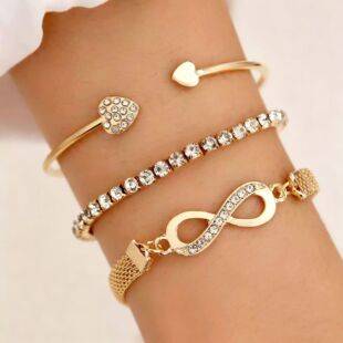 Cross-Border Diamond-Encrusted Love Heart Open Bracelet, Full Diamond Bracelet, Infinity Symbol Bracelet Set, Light Luxury High-End Jewelry Bracelet