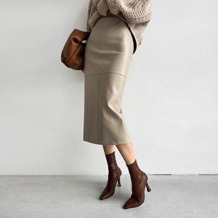 Leather Skirt Skirt for Women Autumn and Winter New Elegant Slim Pu Leather Mid-Length Hip Skirt High Waist Draped Skirt