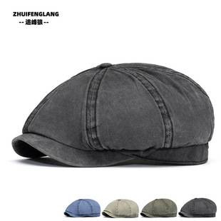 Spring and Summer Washed Pure Cotton Octagonal Hat Men's Large Head Peaked Cap Fully Sealed Painter Hat British Old Newsboy Hat