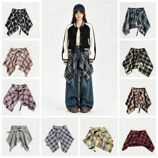 American Retro Plaid Skirt with Large Hem, One-Piece Design for Layering, Covering the Buttocks, Shirt Hem Style