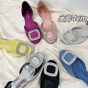 Platform Shoes for Petite Women, Hollow Single Shoes with Square Buckle and Rhinestones, French-Style Flat Shoes, Shallow Square-Toe Sandals